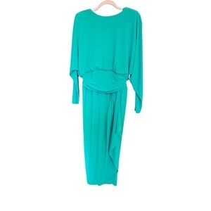 VINTAGE KIRA Green, Long Sleeve, Draped Back, Cascading Skirt, Midi Dress, sz M